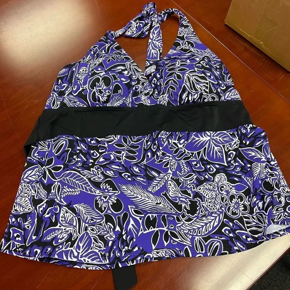 Inches Off Black & Purple Halter Tie Swim Top sz 24W NWT